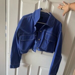 Blue Cropped Jacket with White Stitching